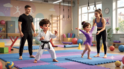 A Kidnasium coach and instructor guiding two kids through karate and gymnastics moves